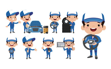 Set of technician with different poses