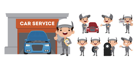 Set of technician with different poses