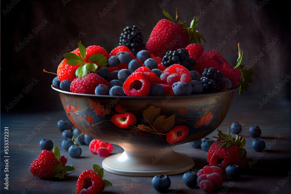 Poster a bowl of berries and blueberries on a table with other berries and berries around it on a table. ge