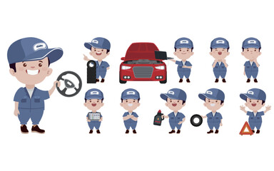 Set of technician with different poses