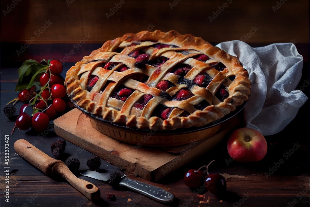Poster a pie with a latticed crust and cherries on a cutting board with a knife and a knife. generative ai