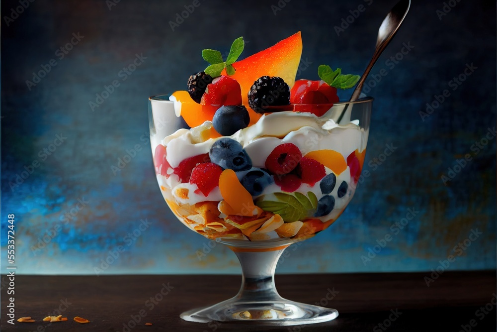 Poster a bowl of fruit is sitting on a table with a spoon in it and a blue background behind it. generative