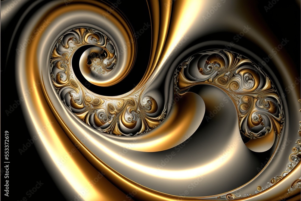 Poster a computer generated image of a golden swirl design on a black background with a gold center and a b