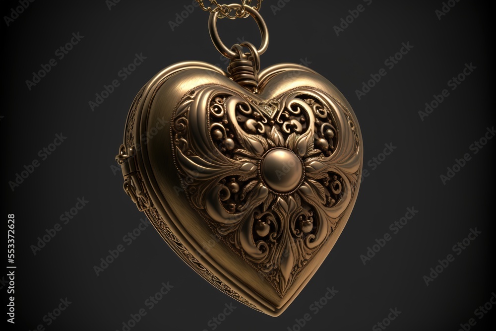 Poster a gold heart shaped locke with a chain hanging from it's side. generative ai