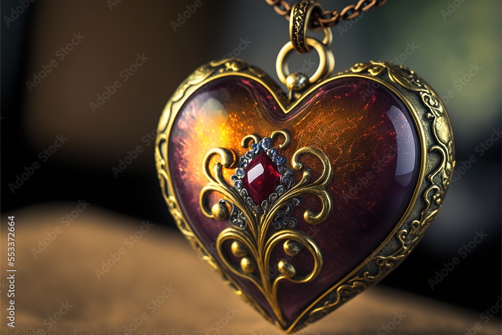 Aufkleber a heart shaped locke with a red stone in it's center and a gold chain around it. generative ai