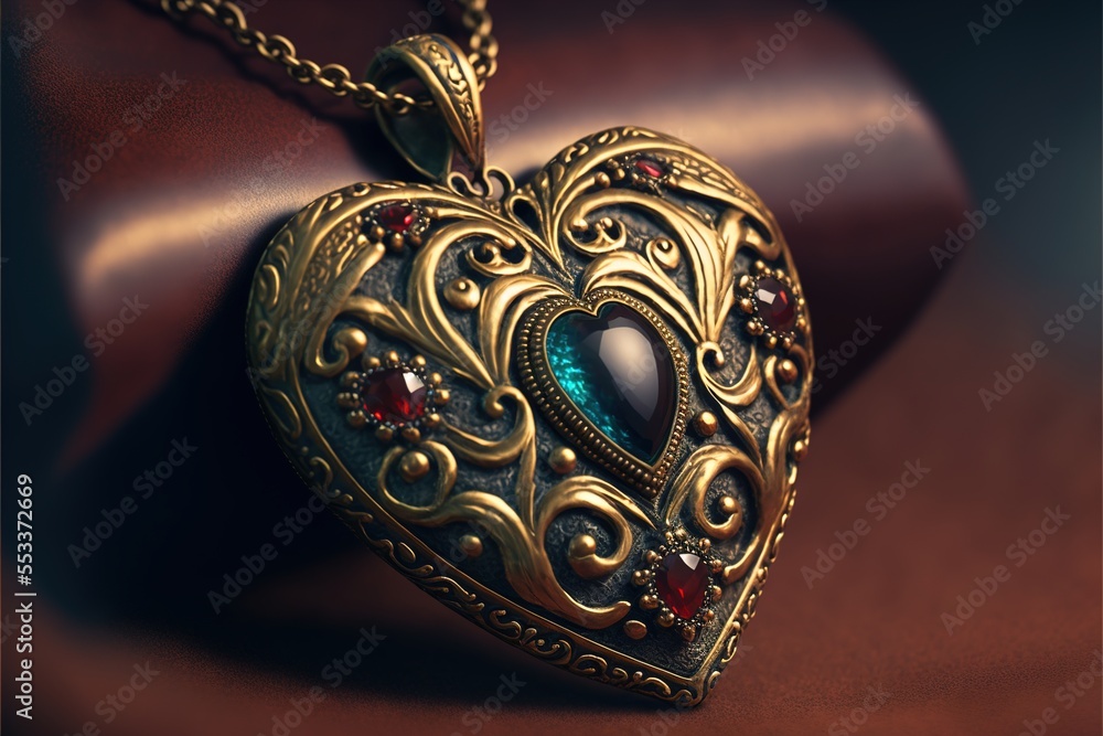 Aufkleber a heart shaped locke with a blue stone in it on a brown surface with a red ribbon around it. generat