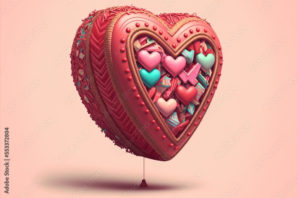 Poster a heart shaped object with hearts on it's back and a string attached to it's sides. generative ai