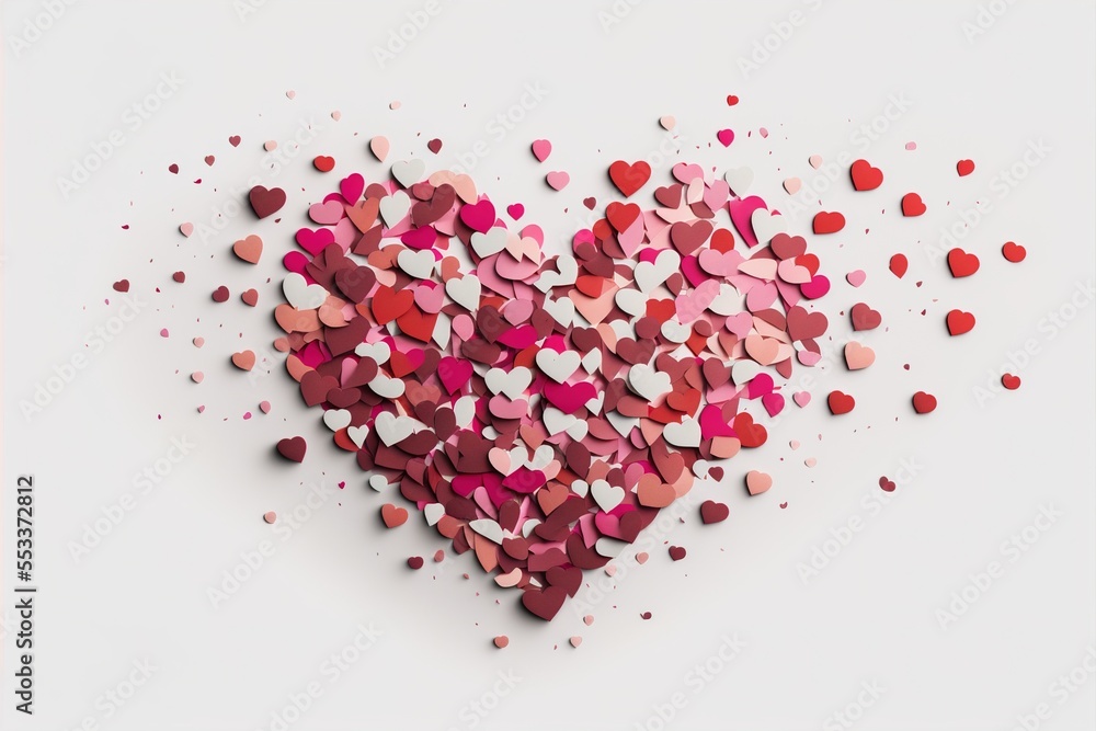 Poster a heart made of hearts on a white background with confetti scattered around it and a red frame. gene