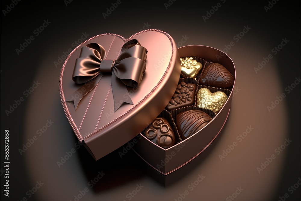 Poster a heart shaped box filled with chocolates and a bow tie on top of it's lid. generative ai
