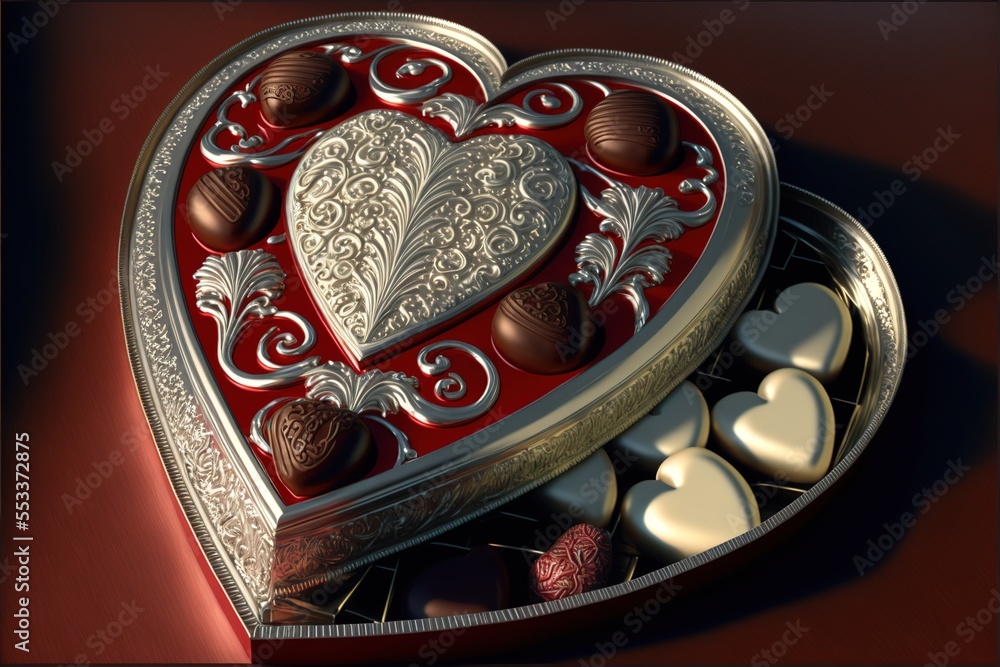 Poster a heart shaped box filled with chocolates on a table top with a red background and a red background.