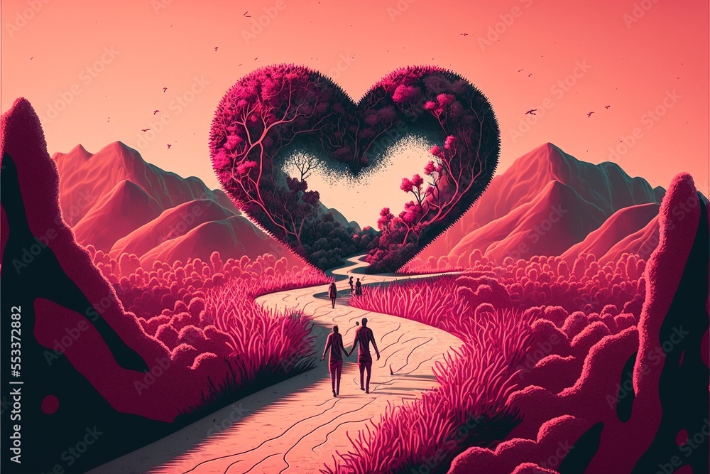 Poster a couple walking down a path with a heart shaped tree on top of it in the middle of a field. generat