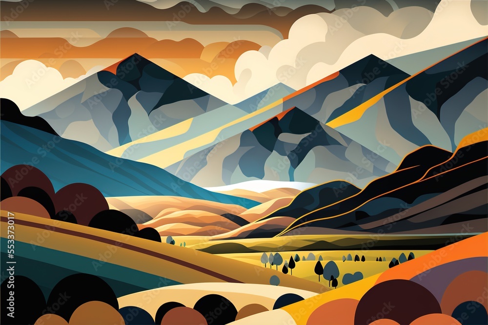 Poster a painting of a mountain range with a sunset in the background and clouds in the sky above it. gener