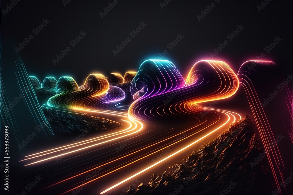 Poster a colorful abstract image of a road with lights coming from it and a dark background with a black ba