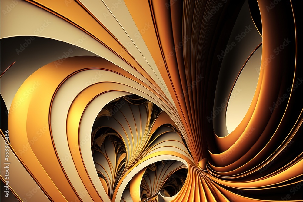 Poster a computer generated image of a golden spiral design with a black background and a white background 