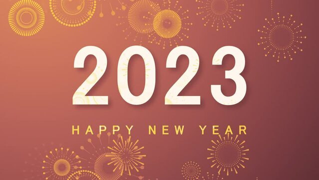 Happy New Year Abstract background with Golden fireworks bright on bright colors background, text 2023 Happy New Year. Flat style abstract, geometric design. Concept for holiday decor. Seamless Loop.