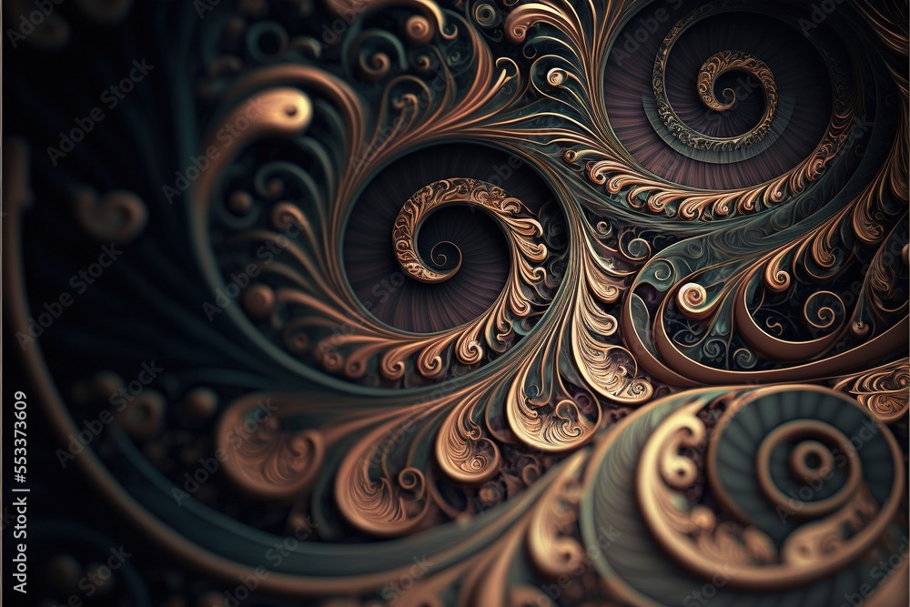 Poster a computer generated image of a spiral design in gold and black colors with a black background and a