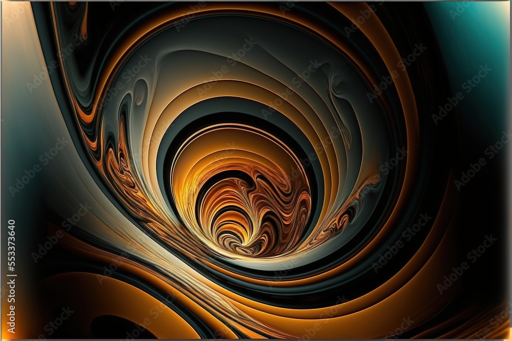 Poster a computer generated image of a spiral design in yellow and blue colors with a black background and 