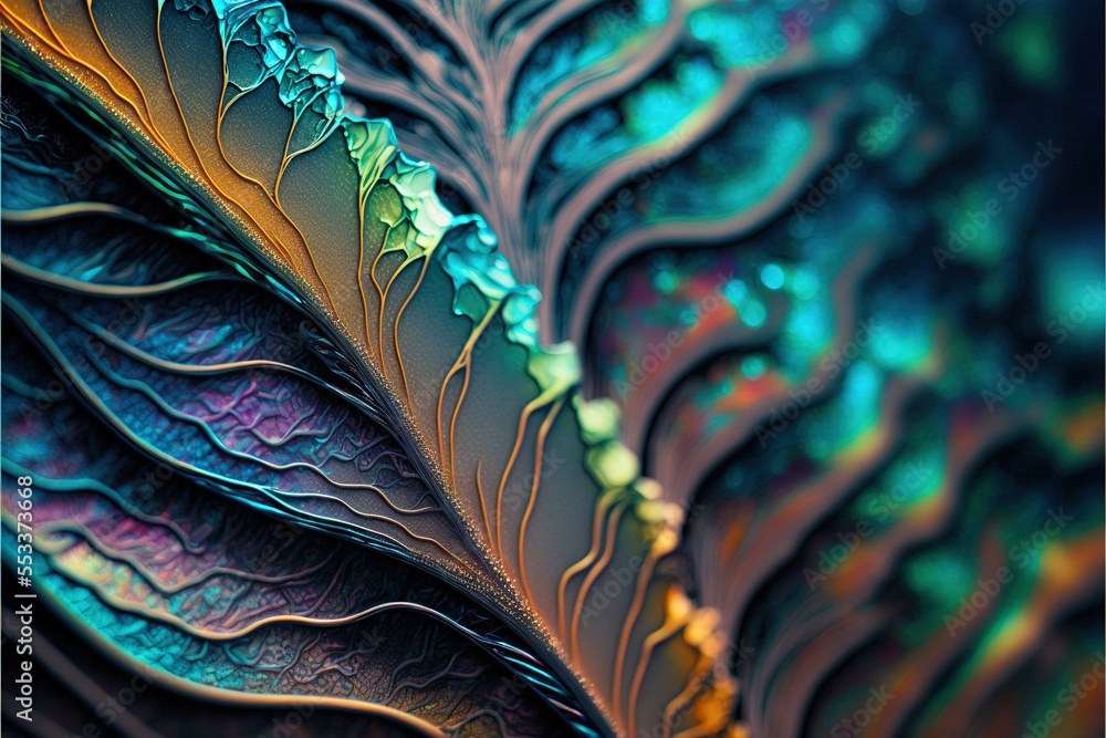 Poster a close up of a colorful leaf with a black background and a blue background with a green. generative