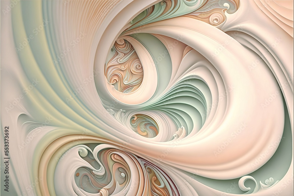 Poster a computer generated image of a swirly pattern in pastel colors and a white background with a blue c