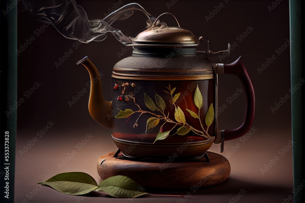 Poster a teapot with a pipe and a leaf on it with smoke coming out of it and a leaf on the top. generative 