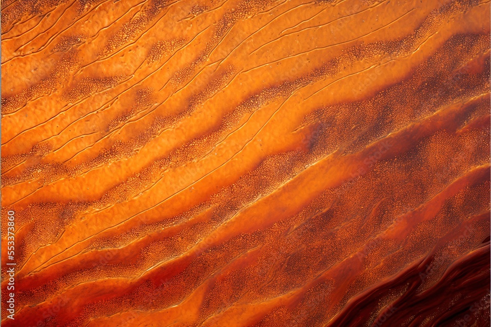 Poster  a close up of a brown and orange surface with a pattern of lines and curves in the center of the image. Generative AI