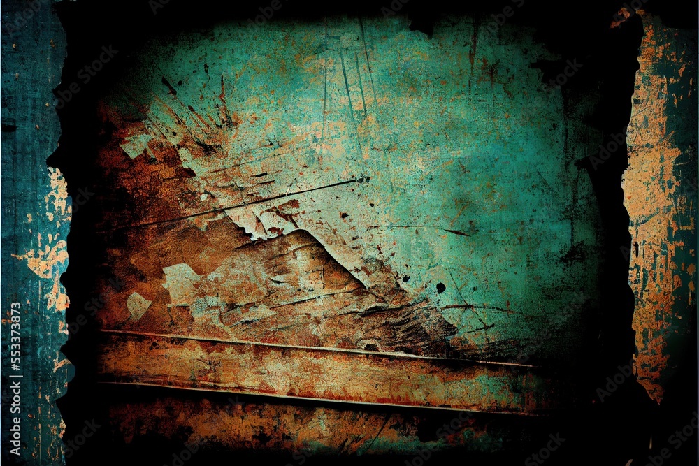 Poster a grungy background with a blue and green background and a black frame with a rusted edge. generativ