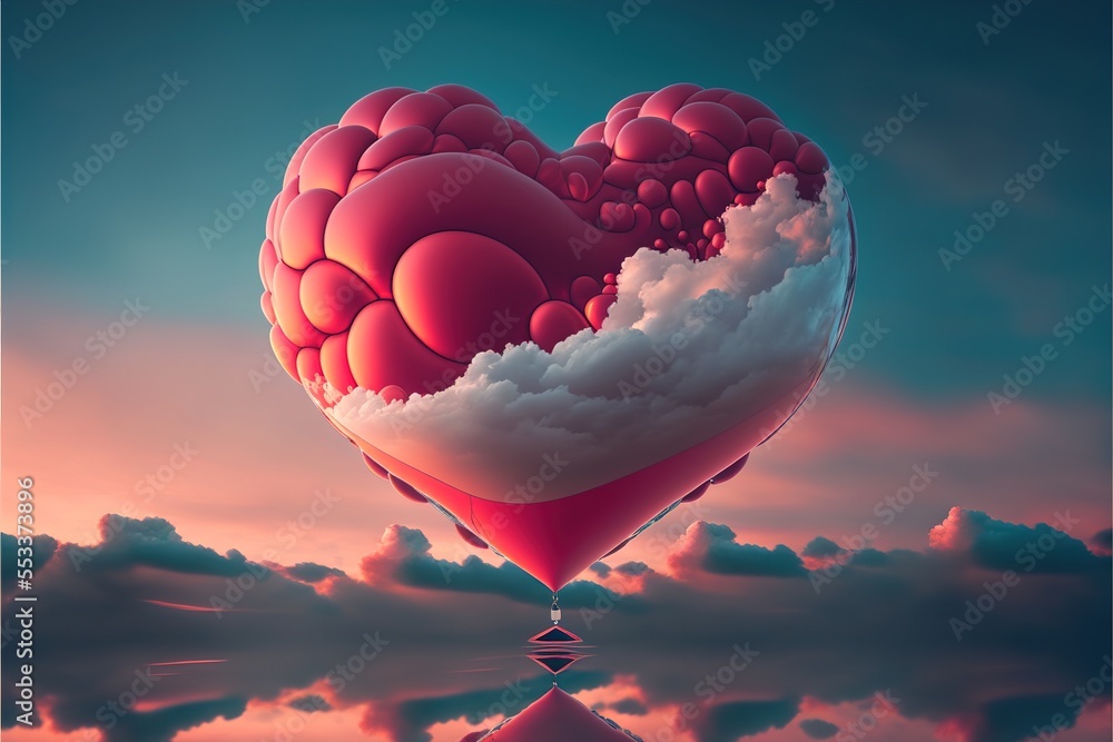Poster a heart shaped balloon floating in the sky with clouds and clouds around it. generative ai