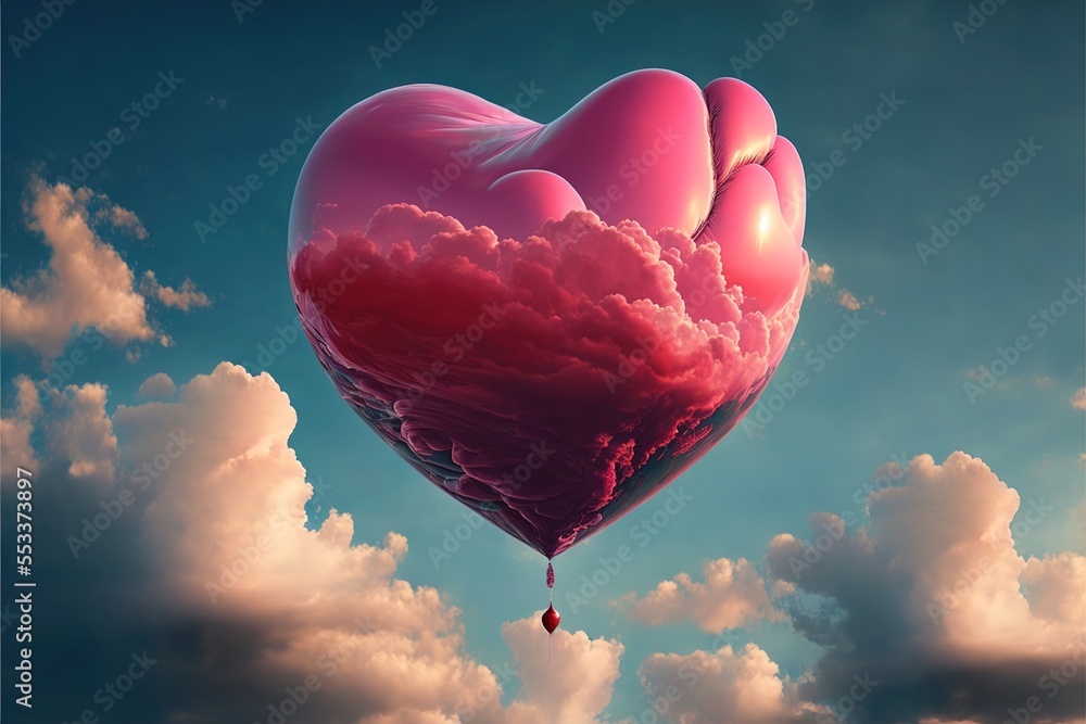 Poster a heart shaped balloon floating in the sky with clouds around it and a drop of liquid coming out of 
