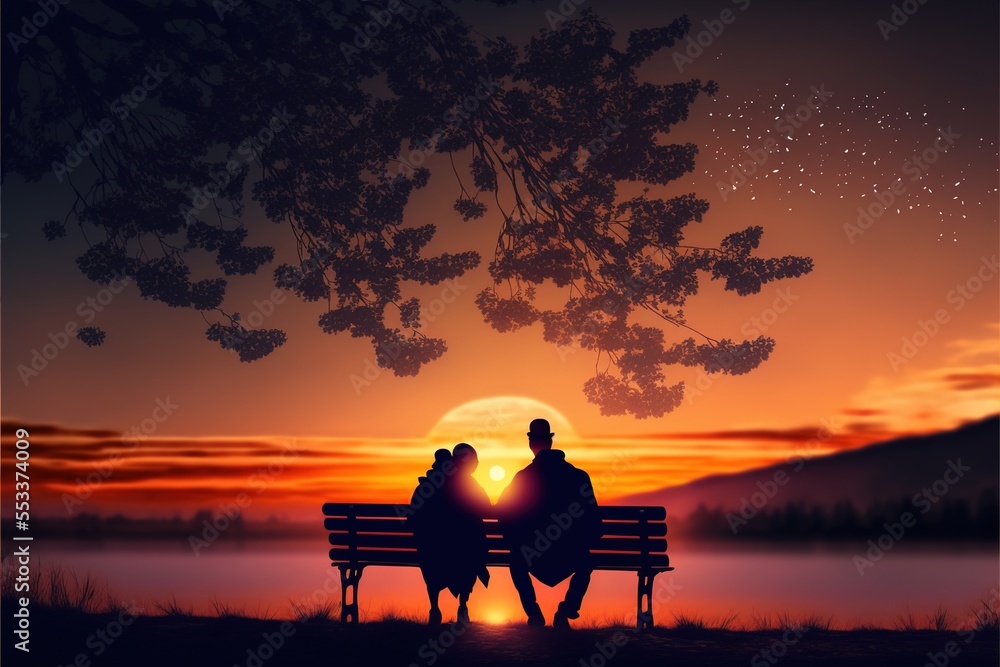 Poster two people sitting on a bench at sunset with the sun setting behind them and a tree in the foregroun