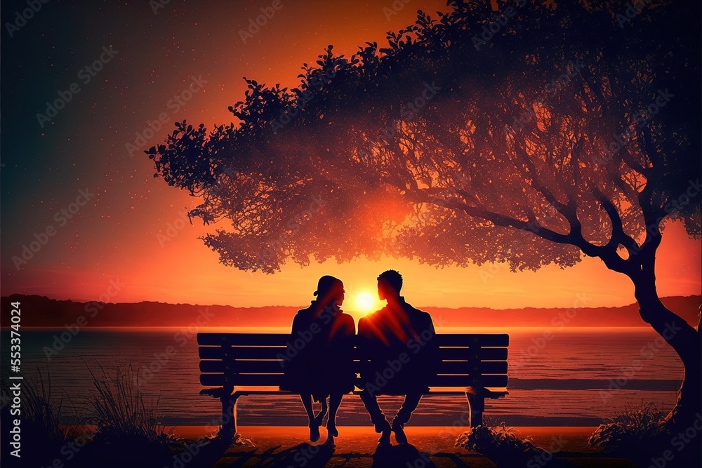 Poster  two people sitting on a bench at sunset with the sun setting behind them and a tree in the foreground. Generative AI