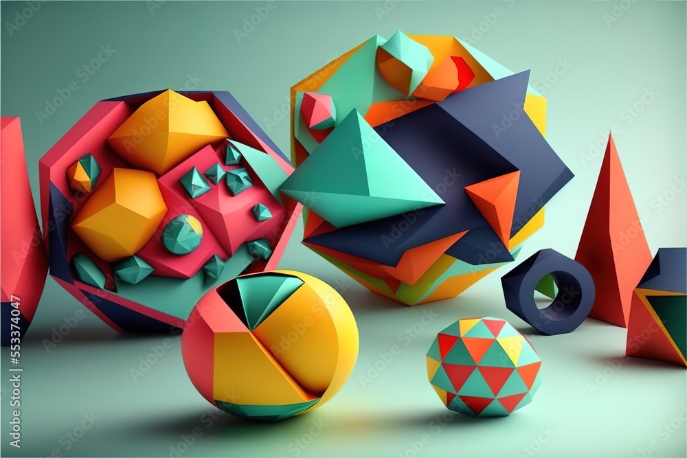 Poster a group of colorful balls and shapes on a table top with a green background and a blue background wi