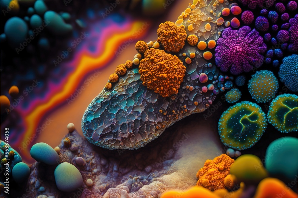 Poster a close up of a colorful coral with many different colors and shapes on it's surface. generative ai