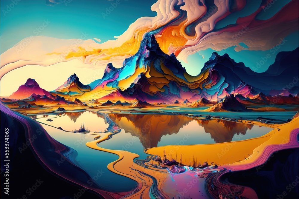 Poster  a painting of a mountain range with a lake in the foreground and a sunset in the background with a blue sky. Generative AI