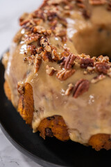 Chocolate pumpkin bundt cake with toffee glaze