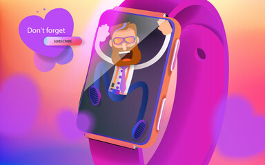 Cartoon man tries to get out of the screen of a smart watch