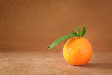 Brown background with tangerine with leaves