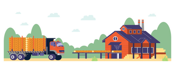 Truck transporting logs to sawmill factory flat vector illustrations isolated.