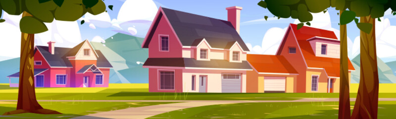 Countryside houses in mountain valley. Summer rural landscape with cottages with garages, green meadows, trees and rocks on horizon, vector cartoon illustration