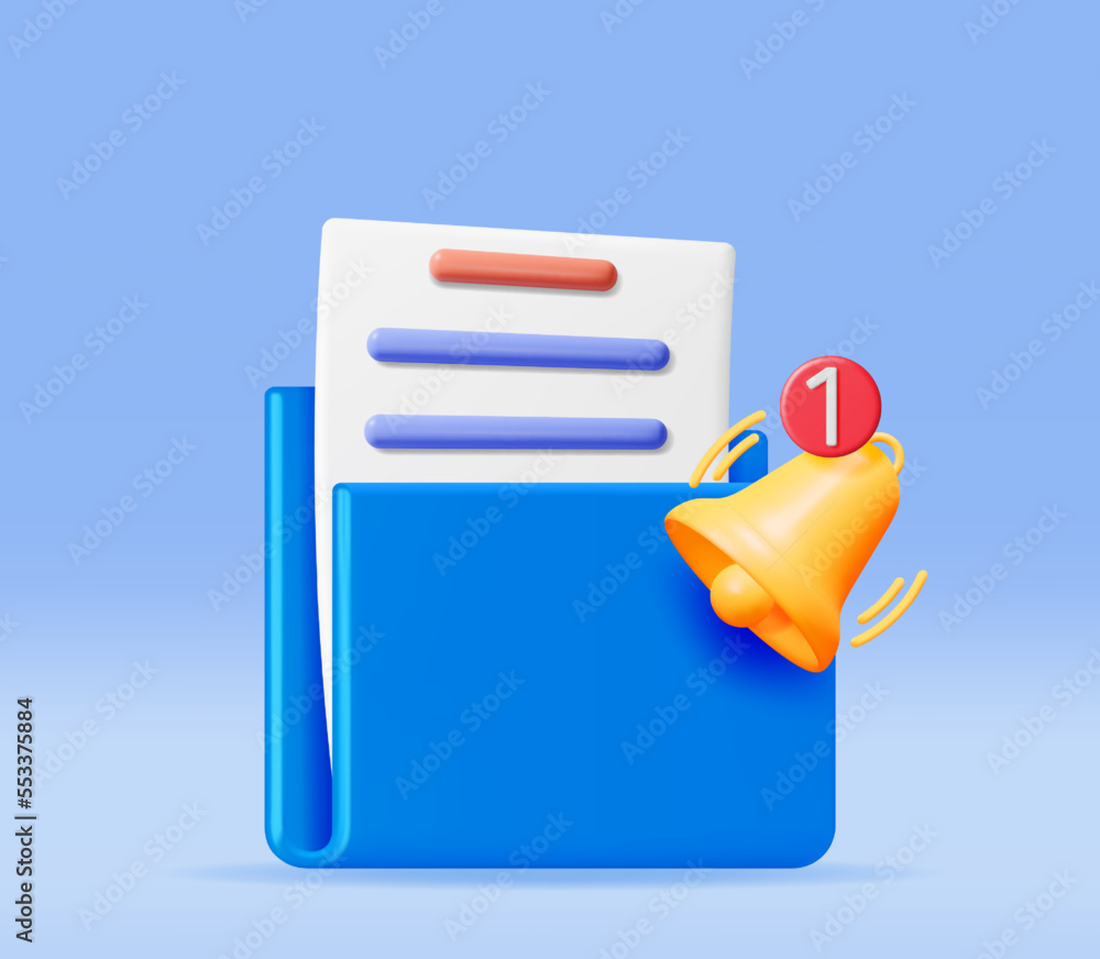 Poster 3d document folder with notification bell. golden render ringing bell and ring binder. file for pape