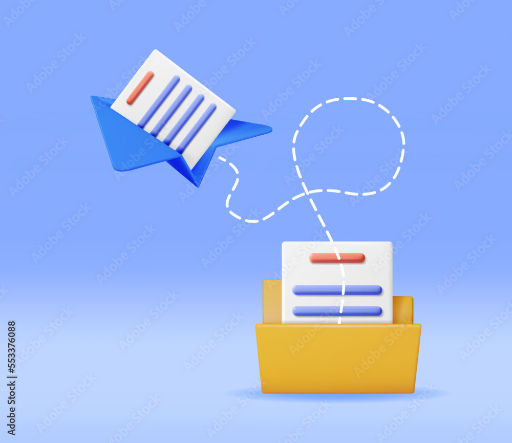 Aufkleber 3d business folder full of papers and paper plane. render folder for correspondence with airplane. f