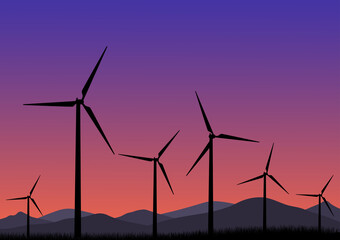 Wind turbines in the sunset vector illustration