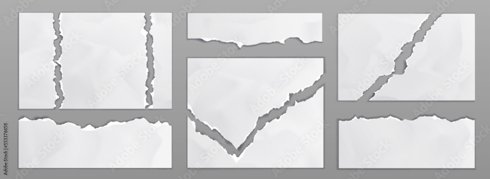 Poster old paper sheets with torn edges. white ripped and crumpled notes and scraps isolated on gray backgr