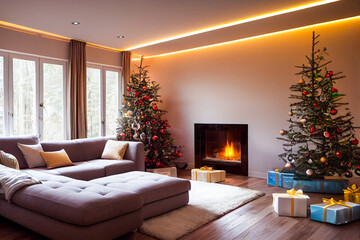 Fototapeta premium decorated room for winter holidays with a large window, a Christmas tree and white bed near it