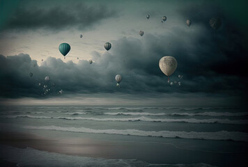 Beautiful photograph of the beach, air balloons, and ocean waves under a gloomy sky. Generative AI
