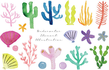 a set of cute hand painted summer coral, starfish, seaweed, and starfish watercolor