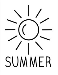 Vector black line hand drawn logo summer with sun and rays.
