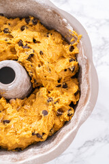 Chocolate pumpkin bundt cake with toffee glaze