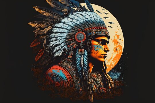 Portrait American Indians, Moon, cloud, Fictional character, Generative AI.