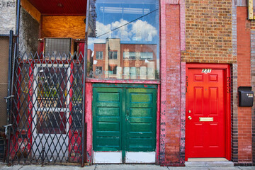 Alley brick wall with variety of doors and glass window display in Chinatown