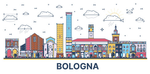 Outline Bologna Italy City Skyline with Colored Historic Buildings Isolated on White.